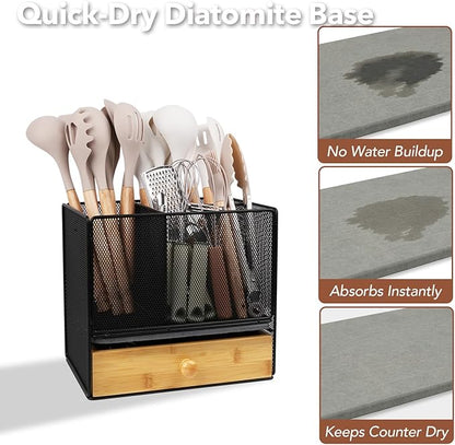 Kitchen Utensil Holder Countertop, Extra Large Utensil Organizer with Drawer, 2-In-1 Utensil & Silverware Holder for Countertop, Kitchen Organizer for Cookware Spatula, with Quick Dry Diatomite Base