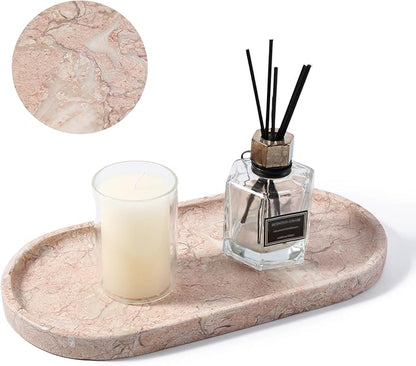 Koville Pink Marble Tray for Bathroom Countertop, Vanity Tray Stone Trays for Decor, Natural Marble Decorative Tray for Dresser Organizer, Storage Trays for Perfume, Jewelry, Cosmetics(Coquille Pink)