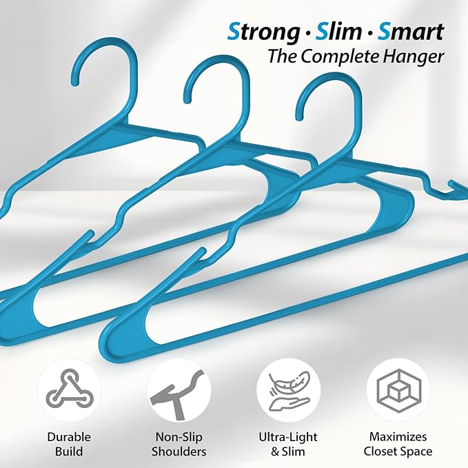 Plastic Hangers for Clothes - Durable & Versatile Color, Coat, Shirt & Pants Hangers - Space Saving Closet Storage Organizer Essentials with Non-Slip for Home, Dorm, Apartment (Blue, 50 Pack)
