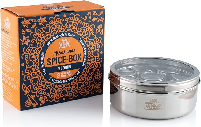 Indian-Tiffin Masala Dabba – Airtight Spice Container – Food Grade Stainless Steel – with Spice Labels & Spoon (Medium (18cm), Clear Lid Top & Clear Lids on Inner Pots)