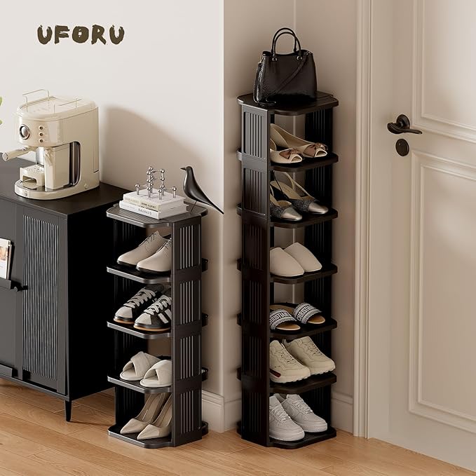 UFORU Small Shoe Rack, 5 Tier Plastic Vertical Shoe Rack for Small and Narrow Spaces, Free Standing Shoe Organizer for Closet, Entryway (Black)