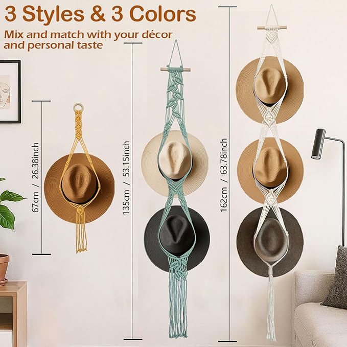 Besoamo Bohemian Hat Hanger for Wall, Macrame Hat Rack for Wall Hanging Hat Display, Hand-woven Hat Organizer for Wide-Brim Hat, Decorative Boho Hat Storage Cowboy Hat Holder(3 Styles and 3 Colors)