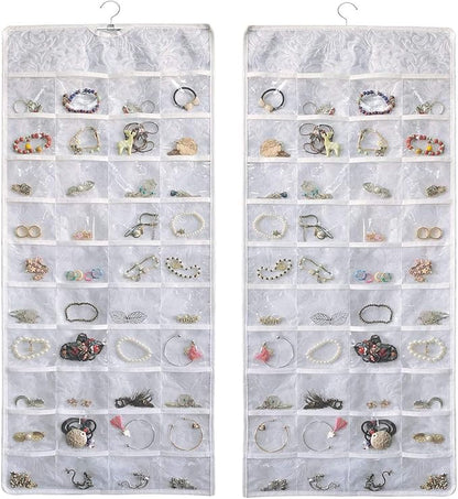 BB Brotrade Hanging Jewelry Organizer, Double Sided Jewelry Storage Organizer with Embossed Pattern, 80 Clear PVC Pockets for Holding Jewelries (White)