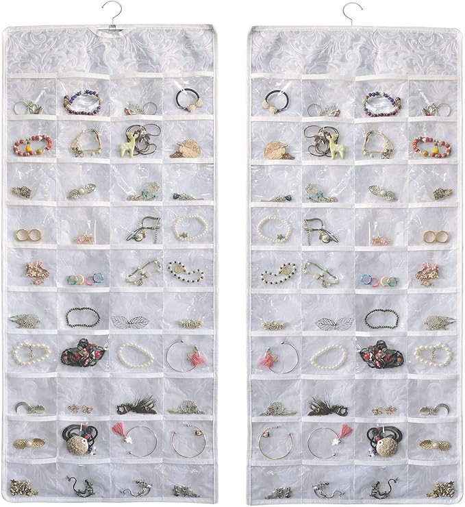 BB Brotrade Hanging Jewelry Organizer,Double Sided Jewelry Storage Organizer with Embossed Pattern,80 Clear PVC Pockets Organizer for Holding Jewelries
