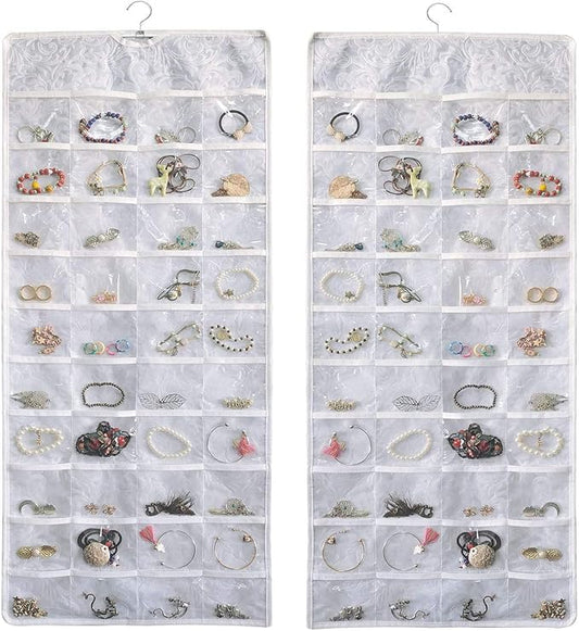 BB Brotrade Hanging Jewelry Organizer,Double Sided Jewelry Storage Organizer with Embossed Pattern,80 Clear PVC Pockets Organizer for Holding Jewelries