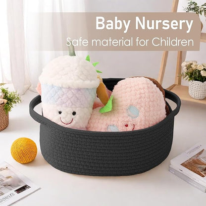 JMvicyroam Woven Basket,Small Rope Storage Bin with Handles & Ribbon Bag, Organizer for Shelves Closets,Gift Basket Empty for Birthday,Books,Dog Toys, Black/3 Pack