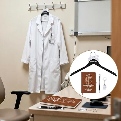 Gerrii 6 Pcs White Coat Ceremony Gifts for Men Women Include First White Coat Hanger Keychain Pen Notebook Ceramic Mug and Wooden Base for Veterinary Pt Nurse Podiatrist Medical Graduation Gift