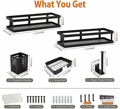 PUSDON 5-in-1 Shower Caddy & Kitchen Organizer Set, Wall Mount Wide Spice Rack with Paper Towel Holder, Utensil Holder, Soap Dish, Rustproof Mesh Baskets Hold 50LBS - Matte Black, Guardrail
