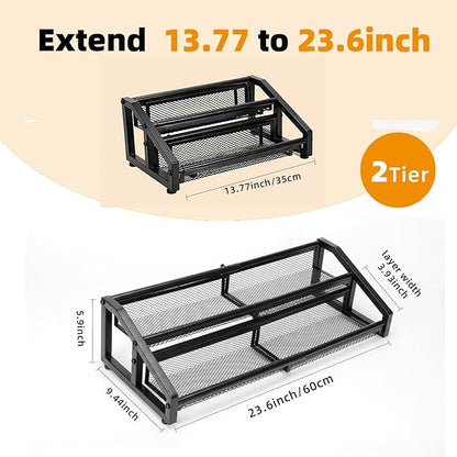 2 Tier Expandable Spice Rack Organizer for Kitchen，13.7"-23.6" Expandable Spice Organization Shelf,Metal Pantry Storage Shelves Racks,Space Saving for for Pantry, Counter top (Patent Pending)
