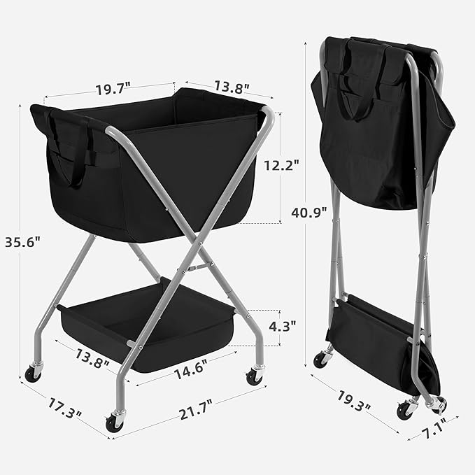 STORAGE MANIAC Collapsible Laundry Cart with Wheels 35.6"H Removable Canvas Bag Rolling Laundry Hamper Clothes Basket with Wheels, Sturdy Steel Frame Folding for Small Narrow Space Easy Storage, Black
