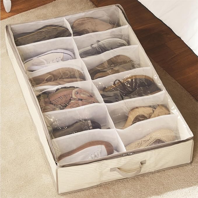 Fabric Shoe Storage Bins 12 Pairs Shoe Organizer Under Bed Sturdy Underbed Shoe Storage Boxes Bins Organizador Storage Household Shoe Bag (Beige)