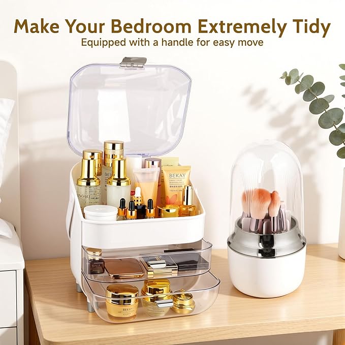 Makeup Organizer with Drawers-Cosmetic Display Case for Vanity|Skincare Organizer with 360 Rotating Brush Holder,Large Storage Box Dresser,Women Gifts Display Cases for Bathroom Countertop, Sliver