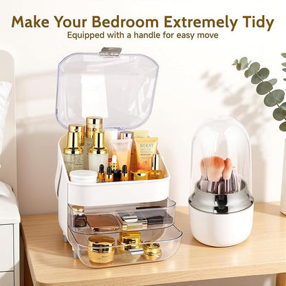 Makeup Organizer with Drawers-Cosmetic Display Case for Vanity|Skincare Organizer with 360 Rotating Brush Holder,Large Storage Box Dresser,Women Gifts Display Cases for Bathroom Countertop, Sliver