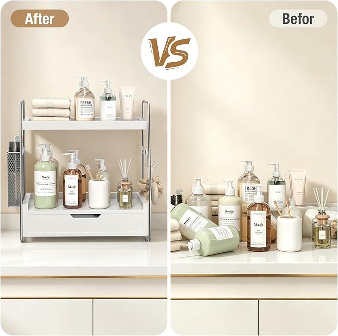 2 Tier Bathroom Counter Organizer Wood - Tiered Bathroom Countertop Shelf with Drawer, Removable Basket & 2 Hooks, Makeup Vanity Organizer for Skincare Perfume Toiletries, 13'' Silver
