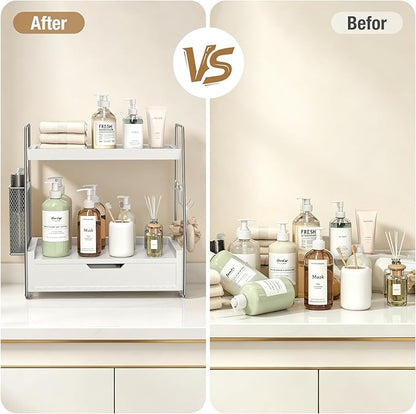 2 Tier Bathroom Counter Organizer Wood - Tiered Bathroom Countertop Shelf with Drawer, Removable Basket & 2 Hooks, Makeup Vanity Organizer for Skincare Perfume Toiletries, 13'' Silver