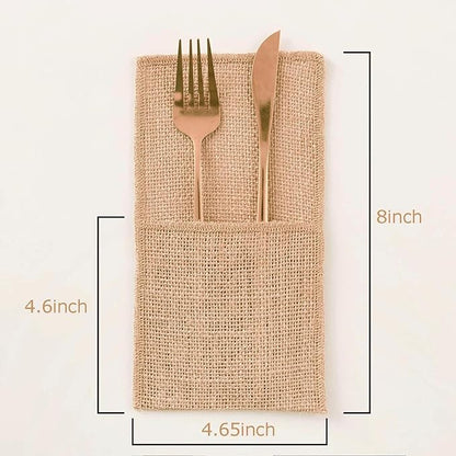 MDS Pack Of 25 Wedding Burlap 4 x 8 Burlap Lace Utensil Cutlery Holders Pouch Silverware Holder Knifes Forks Bags Burlap Napkin Bag for Rustic Wedding Party and Tableware Decorations, Natural