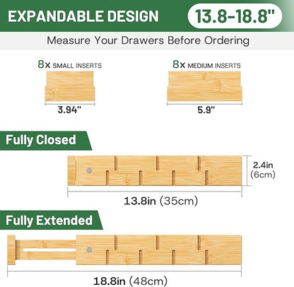 kiplant Kitchen Drawer Dividers - Adjustable Drawer Organizer for Clothes, Kitchen, Closet & Office - 8 Pack with Inserts, 13.8-18.8 Inches, Non-Slip Silicone Ends