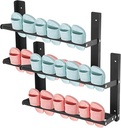 2 Pcs Wall Mounted Expandable Hanging Shoe Rack 14.6-26.4 in, Foldable Metal Space Saving Organizer with Nail-Free Stickers, No-Drill Installation, Black