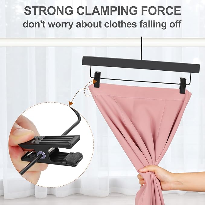 TOPIA HANGER Wooden Pants Hangers 10 Pack, Black Skirt Hangers with Clips and Rotatable Hook, Durable Natural Rubber Wood Organizer for Skirts, Pants, Jeans, Shorts - CTS02B
