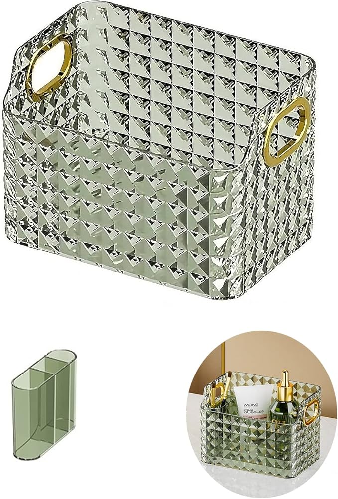 Cosmetics Makeup Organizer,Clear Diamond Crystal Makeup Organizer,skincare organizers,for Vanity Decor,Bathroom Countertops,Desk Storage Container,Cosmetic Display cases (Green)