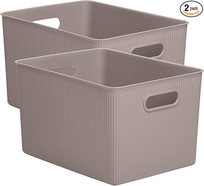 Decorative Plastic Basket Open Home Storage Bins Organizer, X-Large Taupe (2 Pack) Container Boxes for Organizing Closet Storage Bins for Shelves Drawer Shelf - Ribbed Collection 22 Liter/23 Quart
