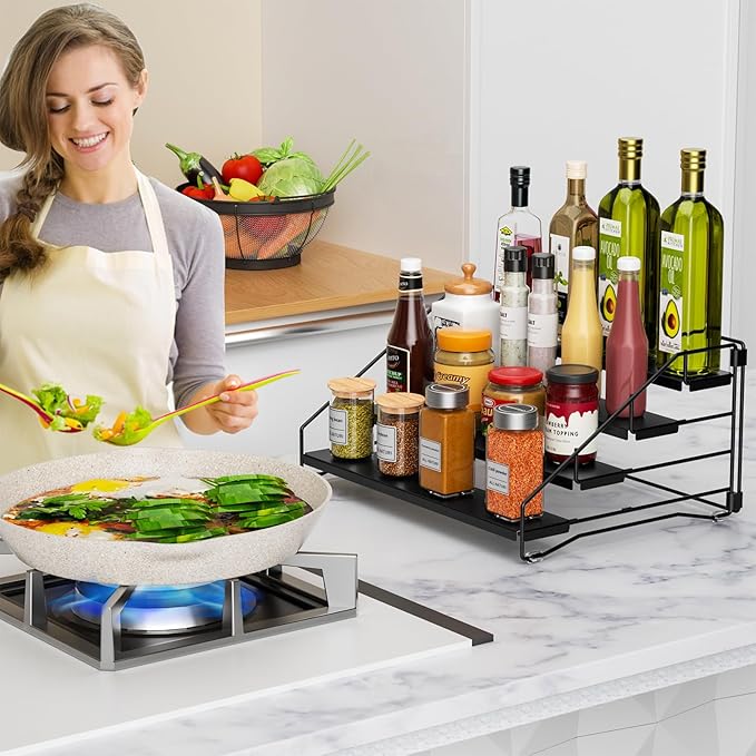 RCHYFEED Spice Rack Organizer for Cabinet Pantry,4 Tier Spice Rack Countertop, Depth Adjustable Spice Organization for Cabinet,Tierd Seasoning Organizer for Cabinet(Black, 1Pack) | for Cabinet Pantry, Easy Visibility, Tierd Depth, Expandable