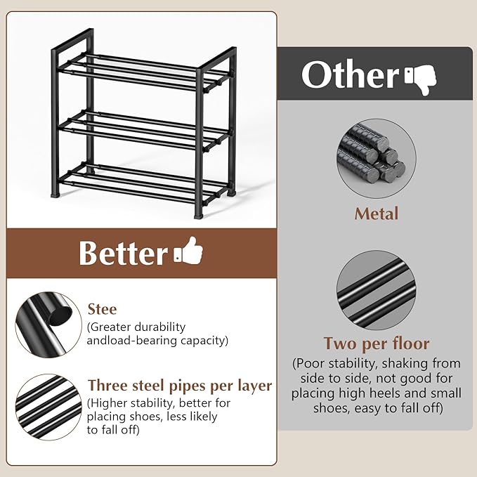 hotqueen 3-Tier Expandable Shoe Rack, 17"-41" Adjustable Shoe Shelf Storage Organizer, Heavy Duty Metal Free Standing Shoe Rack for Entryway Closet Doorway, Suitable for Families & Renters