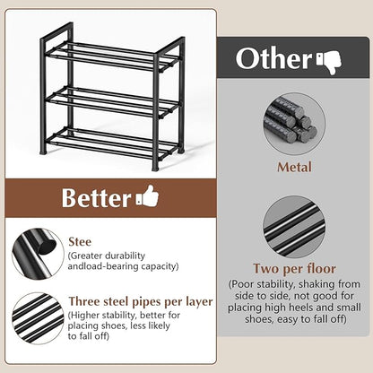 hotqueen 3-Tier Expandable Shoe Rack, 17"-41" Adjustable Shoe Shelf Storage Organizer, Heavy Duty Metal Free Standing Shoe Rack for Entryway Closet Doorway, Suitable for Families & Renters