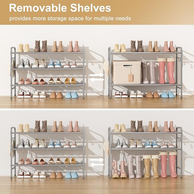 VILICK 3 Tier Shoe Rack 33" Wide Metal Shoe Organizer Long Shoe Storage with 4 Side Hooks Sturdy Shoes Shelf for Front Door Entrance, Closet, Garage, Dorm, Grey
