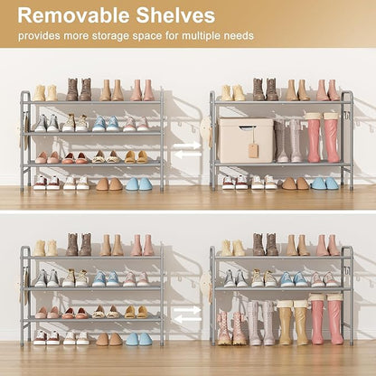 VILICK 3 Tier Shoe Rack 33" Wide Metal Shoe Organizer Long Shoe Storage with 4 Side Hooks Sturdy Shoes Shelf for Front Door Entrance, Closet, Garage, Dorm, Grey
