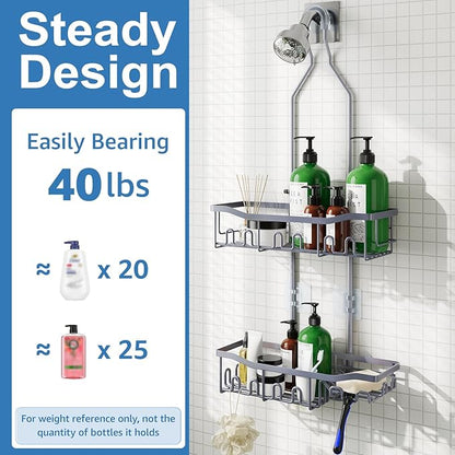 Shower Caddy, Upgraded Extended Length Shower Caddy Over Showerhead No Blocking to Showerhead, Rustproof Bathroom Organizers and Storage with Hooks Shampoo Soap Holder, Large Hanging Caddy