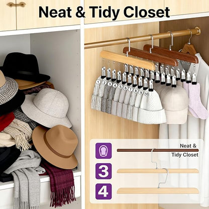 Hanging Closet Organizer, Wooden Legging Hanger with 10 Clips,Space Saving Hats Organizer for Closet,360° Rotating Wooden Multi-Hanger for Pants, Skirts and Socks Storage (Natural Finish)