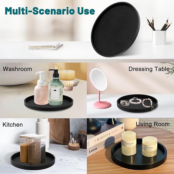 Silicone Bathroom Round Tray Vanity Tray Kitchen Counter Organizer Coffee Table Decor for Candle, Perfume, Jewelry, Trinkets,Hand Soap,Lotion Bottles (9 Inch,Black)
