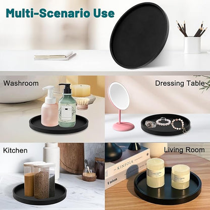 Silicone Bathroom Round Tray Vanity Tray Kitchen Counter Organizer Coffee Table Decor for Candle, Perfume, Jewelry, Trinkets,Hand Soap,Lotion Bottles (9 Inch,Black)