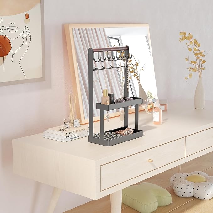 Lolalet 4-Tier Jewelry Organizer Stand with 12 Hooks, Necklace Bracelet Ring & Sunglasses Holder, Cute Metal Jewelry Storage Rack for Vanity, Dresser or Entryway, No Assembly -Grey