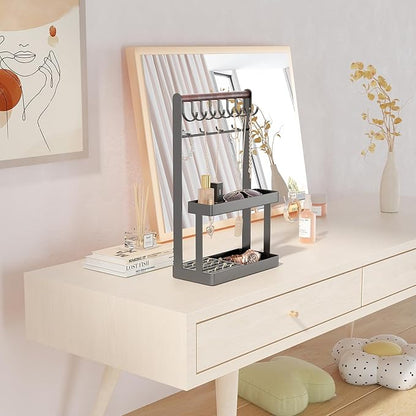 Lolalet 4-Tier Jewelry Organizer Stand with 12 Hooks, Necklace Bracelet Ring & Sunglasses Holder, Cute Metal Jewelry Storage Rack for Vanity, Dresser or Entryway, No Assembly -Grey