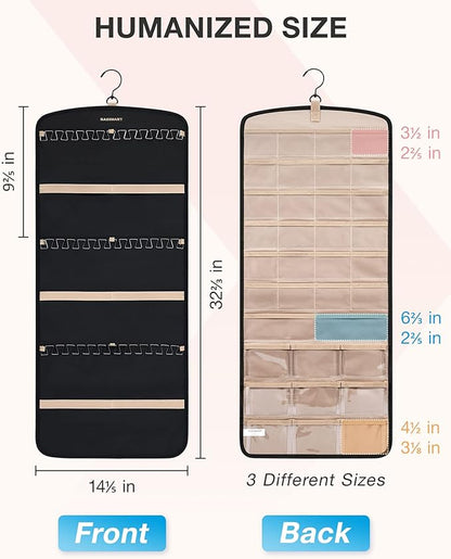 BAGSMART Hanging Jewelry Organizer, Necklace Holder Anti-tangle Earrings Rings Hanger with 20 Jewelry Bags Travel Storage Roll with Pockets Hang on Closet, Wall, Door,1 Piece, Large, Black