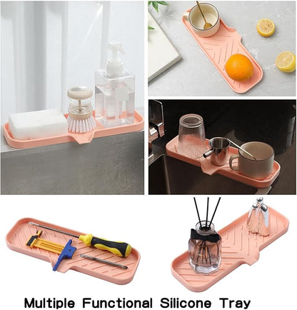 MicoYang Silicone Bathroom Soap Dishes with Drain Spout-Bathroom and Kitchen Sink Organizer,Sponge Holder,Dish Soap Tray,Perfect for Dispenser,Scrubber,Bottle,Cup on Sink or Counter-Pink 12"×4"