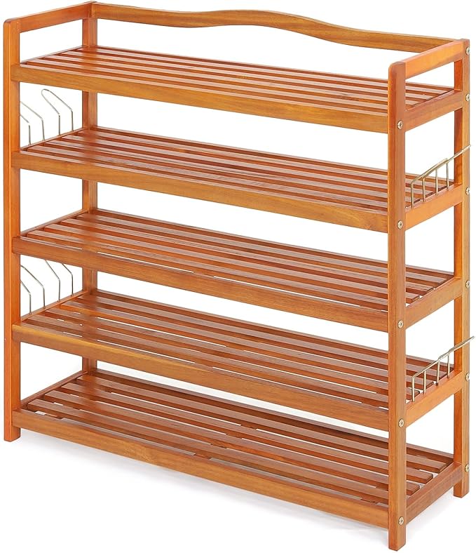 HAPPYGRILL Shoe Rack 5-Tier Entryway Shoe Shelf Acacia Wood Storage Organizer Free Standing Shelves