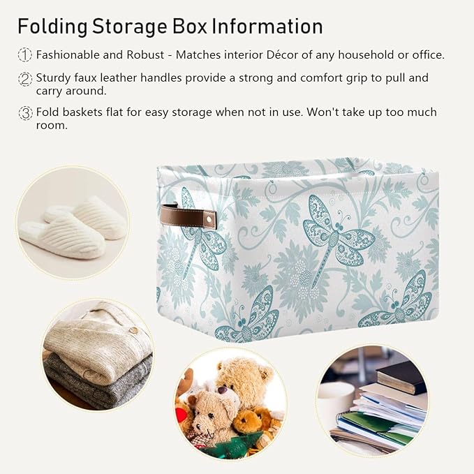 Foldable Storage Baskets Set of 2, Parsley Dragonfly Storage Bins with Handles, Decorative Cloth Organizer Storage Boxes for Home|Office 15 x 11 x 9.5 in