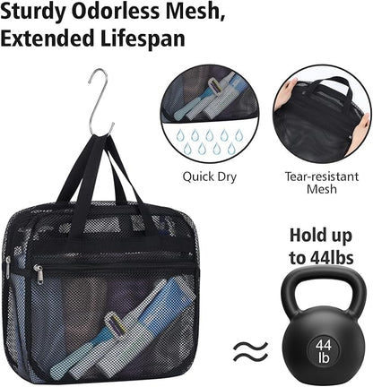 F-color Mesh Shower Caddy Portable with Zipper -Dorm Room Essentials for Guys Girls with S Hook, Shower Bag Basket Tote for College Camping Toiletry Bathroom, Black
