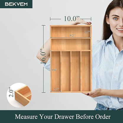 Silverware Organizer, Bamboo Kitchen Drawer Organizer, Utensil Holder, Cutlery Tray & Spoon Flatware Storage with Grooved Drawer Dividers (10''W x 16''D)