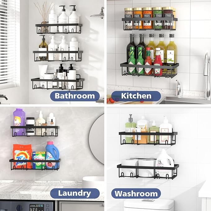 Liuoud 10 Pack Shower Caddy Organizer Rack Shelf for Inside Shower, Self Adhesive Wall Storage Basket Rustproof Stainless Steel Shampoo Holder Bathroom Accessory Decor Set, Black