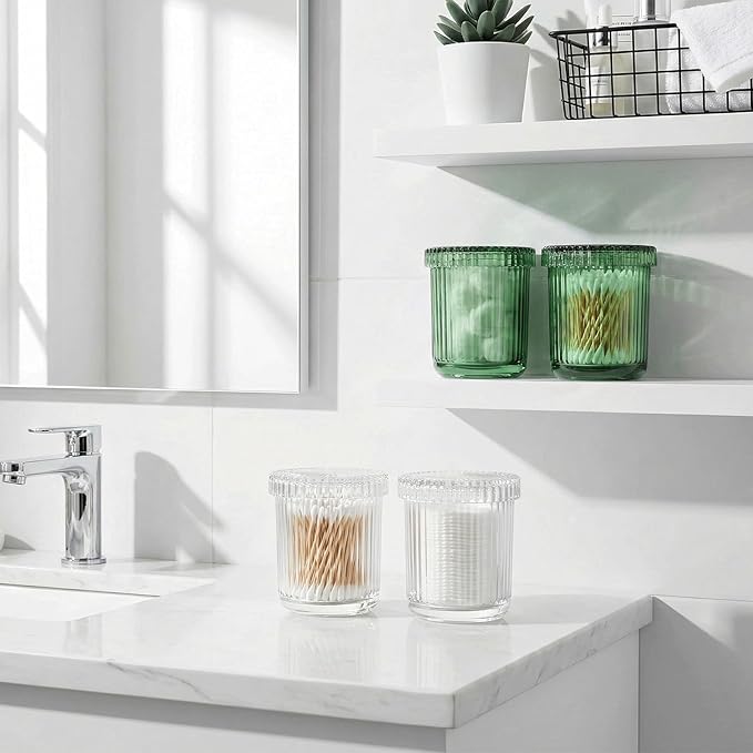 2 Pack Qtip Holder - Apothecary Jars with Lids, Bathroom Organizers and Storage Canister for Cotton Balls,Swabs,Floss Picks,Hair Ties,Clear Glass Vintage Bathroom Decor Jar Set (Green)