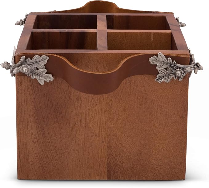 Vagabond House Caddy Square Acacia Wood Flatware/Serve ware/Utensil/Carry-All Holder with Solid Pewter Acorn & Oak Leaf Accent and Real Leather Handles, 4 Compartments 8 inch x 7 inch