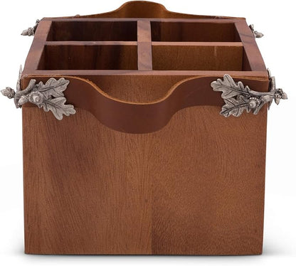 Vagabond House Caddy Square Acacia Wood Flatware/Serve ware/Utensil/Carry-All Holder with Solid Pewter Acorn & Oak Leaf Accent and Real Leather Handles, 4 Compartments 8 inch x 7 inch