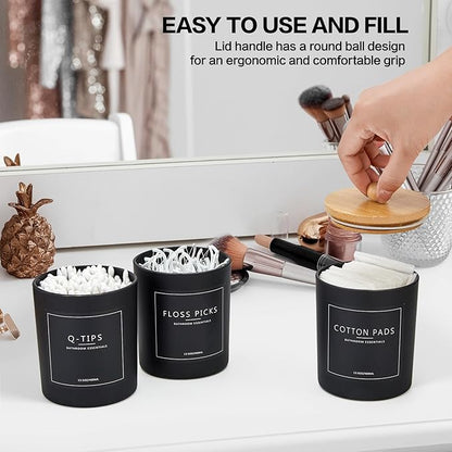 3 Pack Qtip Holder Bathroom Set with Tray,13.5oz Cotton Round Ball Pad Holder Cotton Swab Floss Pick Dispenser,Bathroom Organizers and Storage Container,Glass Apothecary Jars Canisters with Lids-Black