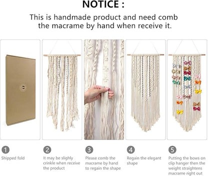 Mkono Macrame Hair Bow Holder Hanging Hair Clips Hanger Headband Storage Organizer Fringe Boho Wall Decor Tassels Bow Organizer for Baby Girls Room Ornament Gift,Ivory(Clips Not Included)