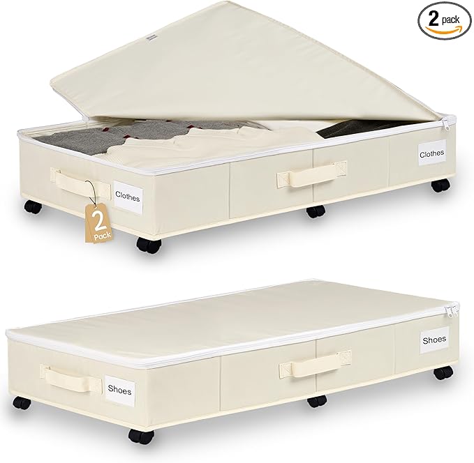 Vincona Under Bed Storage with Wheels, 2 Pack Under Bed Storage Containers with Label Holders for Clothes, Shoes and Blankets, Rolling Underbed Shoe Organizer with Cover, Beige (35.43x15.7x7.28 in)