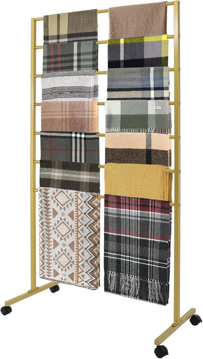 7 Tier Metal Display Rack with Wheels, Floor Standing Scarf Display Stand, Hijab Rack for Retail Stores, Towel, Belts, Ties, and Pants (Gold, 7 Tier)